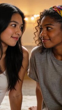 Vertical video: Smiling two teens sitting at home, gesturing and growing close under string lights