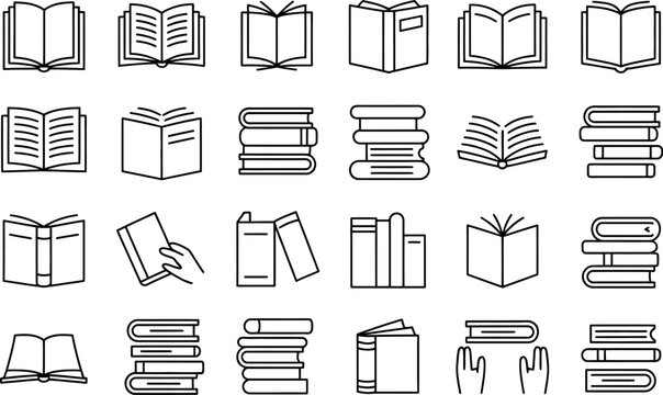 Collection of book icons, open and closed books, stack of books, hand holding book