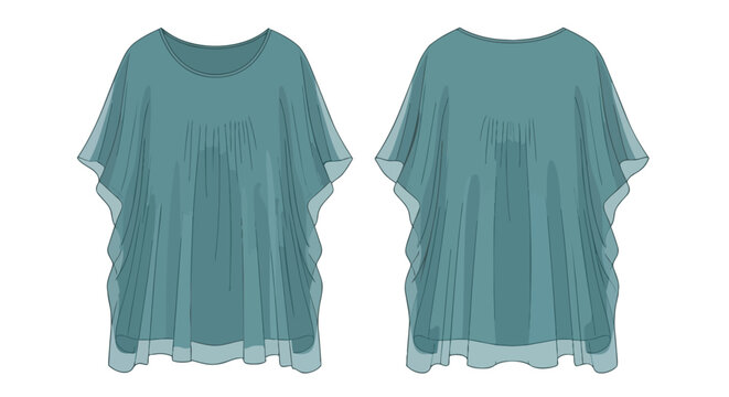 Technical illustration of a fluid teal women's tunic blouse design featuring elegant neckline gathers and relaxed short sleeves