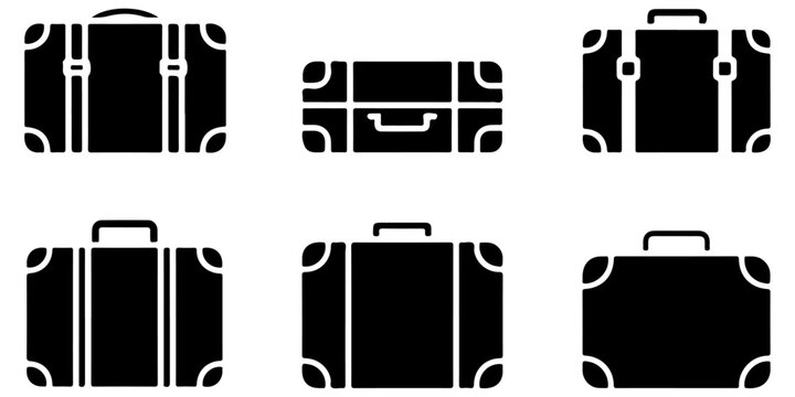 Minimal travel suitcase luggage icon set in flat black silhouette style with different trolley bag designs for tourism and vacation concepts