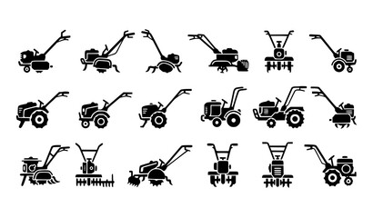 Minimal garden tiller and cultivator icons black silhouette walk behind tractor vector set © Mst.Razia
