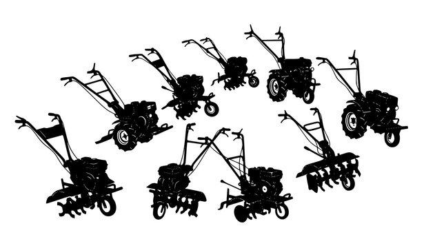 Agricultural tiller and mini tractor silhouettes with cultivator machines black vector illustration set