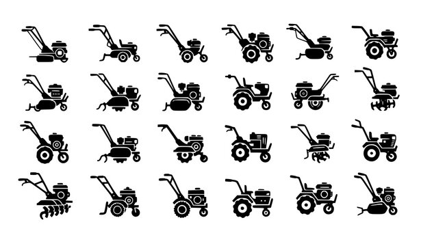 Garden tillers and cultivators black silhouette icon set with walk behind machines and mini tractors