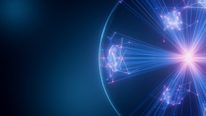 Obraz premium Closeup of Abstract big data sphere of quantum computing qubit core. Data flow transmission and connections from central core. Ai cloud computing unit. Futuristic technology