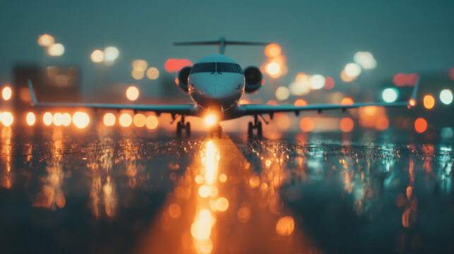 Jet sits on runway during rainy evening with city lights in background
