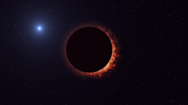 A 4K animation of a total solar eclipse. A cosmic scene of a solar eclipse surrounded by a fiery corona against a blue starry sky.