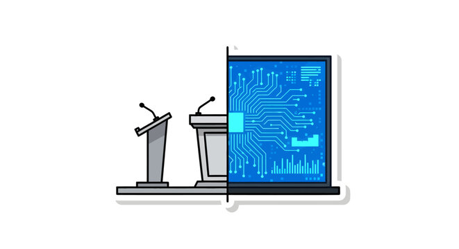 podium and screen presentation setup with microphones