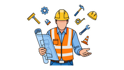 Construction Visionary: A skilled construction worker, equipped with a blueprint, stands surrounded by tools of his trade, symbolizing expertise and building © Rokaiya