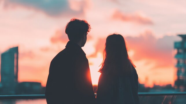 Couple watching sunset from balcony in city during evening hours