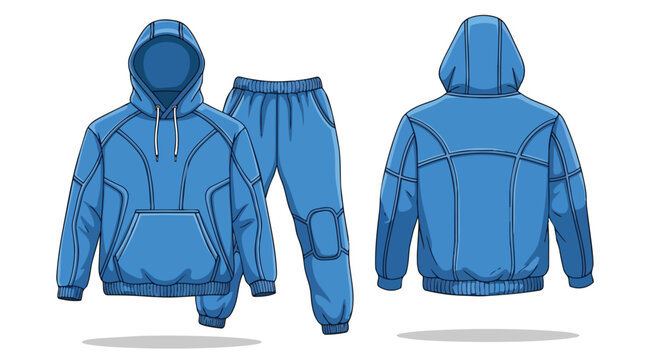 A striking blue athletic tracksuit vector artwork featuring a hooded sweatshirt with drawstring and matching jogger pants, perfect for sportswear
