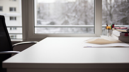 Fototapeta premium Minimalist modern desk with clean lines and soft natural lighting, showcasing a contemporary workspace. real-estate listings.