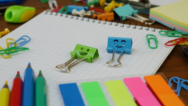 Colorful pencils, paper clips, push pins. Stationery essentials provide functionality, creativity for school, office work. Colorful sticky notes. Funny binder clips with happy faces