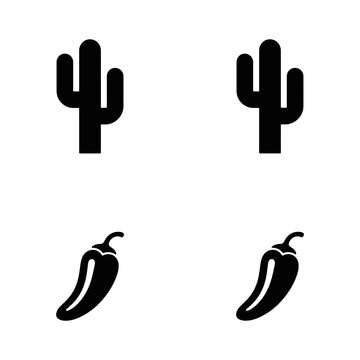 Two black cactus and two black chili pepper on a white background desert