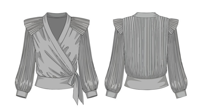 Elegant women's fashion flat sketch depicting a sophisticated wrap blouse with pleated details and blouson sleeves design, perfect for professional