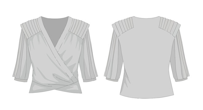 Precision technical flat fashion illustration showcasing a contemporary women's elegant wrap blouse design, complete with sophisticated shoulder