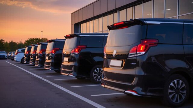Luxury vans gleam at the dealership as sunset reflections illuminate polished surfaces, showcasing upscale vehicles in a warm, inviting automotive sales setting surrounded by sleek, high-end cars