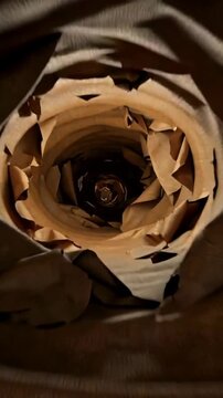 Vertical video: Moving camera forward, rotating, brown roll shifting, revealing inner layers