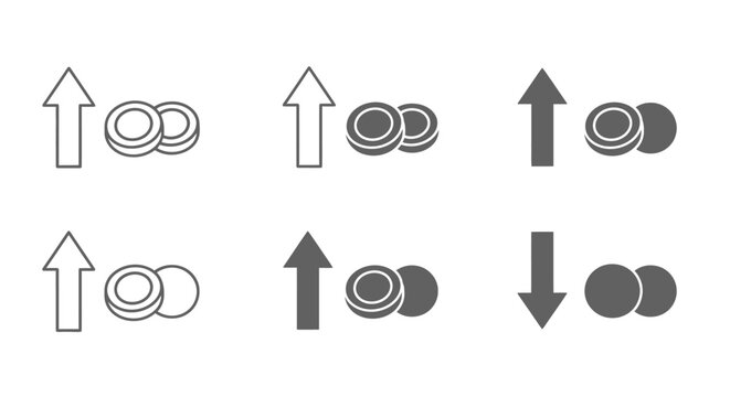 Set of financial icons showing upward and downward trends with stacked coins.