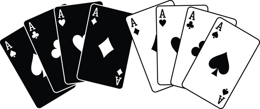 Fan of aces playing cards isolated black and white set