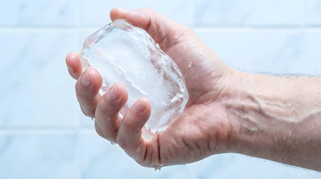 Male hand holding large melting block of clear ice for cooling and refreshment in bright bathroom