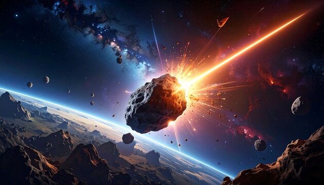 A massive asteroid hurtles towards a planet with a bright orange streak