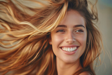 Fototapeta premium woman lifting her hair showing volume, confident smile