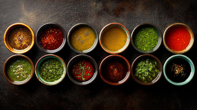 Close-up of diverse dips and sauces arranged in a rustic wooden tray with condiment