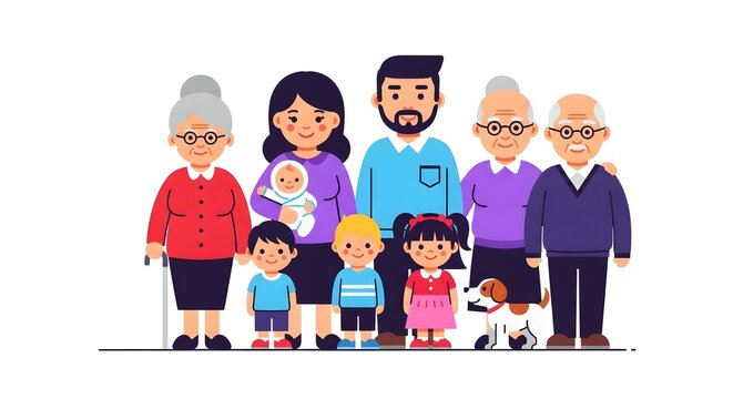 A diverse multi generational family portrait cartoon style illustration of relatives together