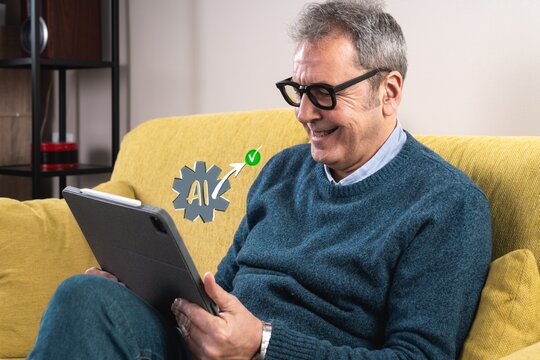 Exploring seamless integration of artificial intelligence for seniors using tablets in a cozy environment.
