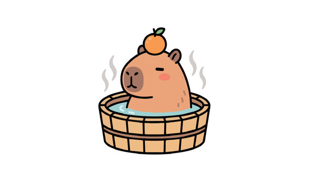 Cute capybara relaxing in a wooden hot tub with an orange on its head, Japanese onsen style illustration.