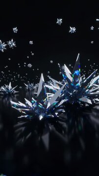 Vertical video: Rising camera showing crystal spikes on studio floor, showing stars and prism glow