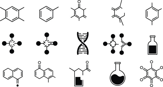 Chemistry icon set molecular structures lab equipment dna vector graphics for scientific applications