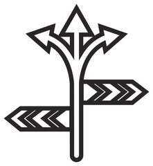 Minimalist black line art vector icon of a directional signpost with multiple arrows pointing left, right, and straight, symbolizing choices, navigation, crossroads, and decision-making paths. © Hamza