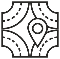 Black line art vector icon of a road crossroads or roundabout with a central location pin map marker, ideal for navigation, GPS tracking, travel apps, urban planning, and route mapping. © Hamza