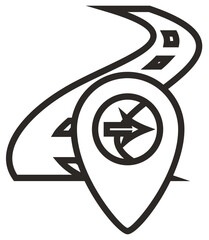 Winding road with location pin and direction arrow vector icon illustration. Navigation and GPS symbol for travel, road trip, and destination tracking. Black silhouette graphic on white. © Hamza