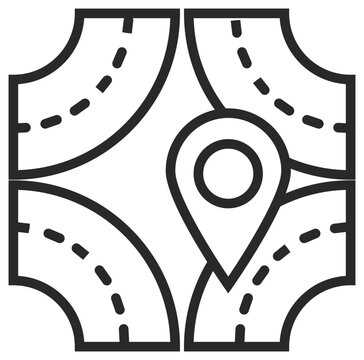 Black line art vector icon of a road crossroads or roundabout with a central location pin map marker, ideal for navigation, GPS tracking, travel apps, urban planning, and route mapping.