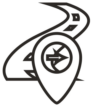 Winding road with location pin and direction arrow vector icon illustration. Navigation and GPS symbol for travel, road trip, and destination tracking. Black silhouette graphic on white.