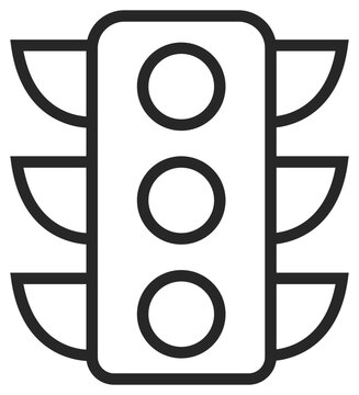 Minimalist black line vector icon of a traffic light with three signals and side visors, isolated on a white background. Ideal for transportation, road safety, and urban traffic control designs.