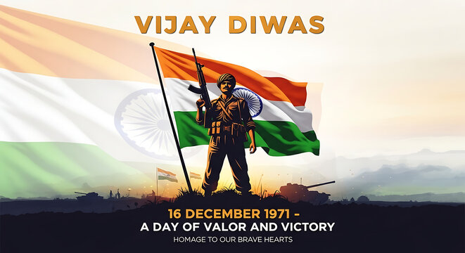 Vijay diwas celebration poster with indian soldier holding a rifle in front of the indian national flag, commemorating the victory on 16 december 1971