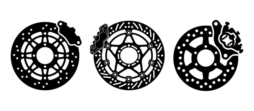 Set of three motorcycle brake disc rotors and calipers silhouettes; high performance ventilated brake system icons.