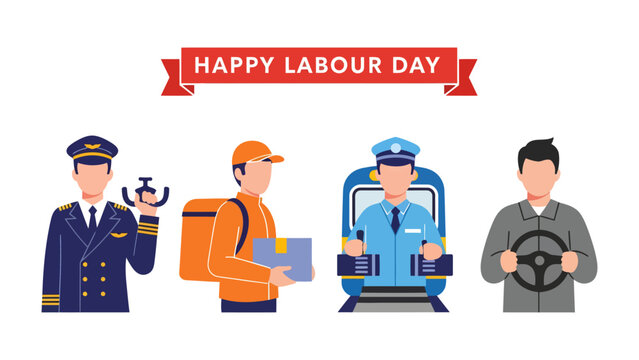 Labor Day Workforce: A diverse representation of essential workers is showcased, embodying the spirit of Labor Day with imagery of aviation, courier service, train operation.