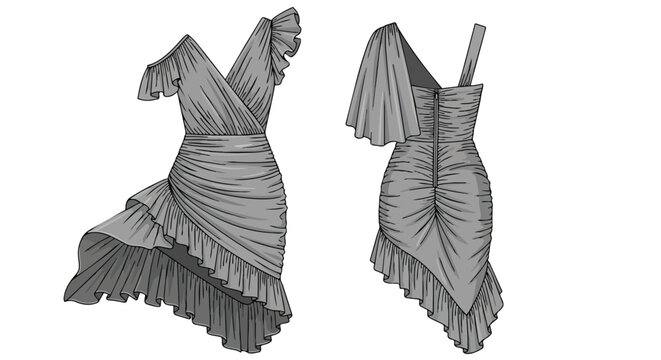 Technical fashion illustration of a chic ruffled cocktail dress design for modern evening wear concepts