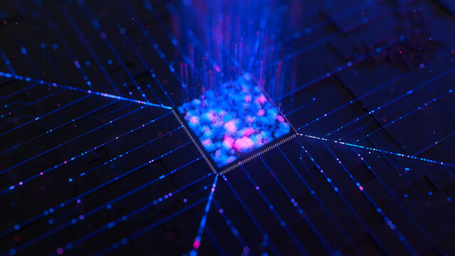 Artificial intelligence microchip, central data processing unit on circuit board. Quantum computing core with data flow into and logic operations. Futuristic technology neural network processor.