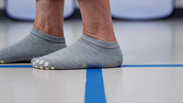 A person carefully balances on a narrow blue line on the floor while wearing unique gray socks. Each step showcases their focus on precision, promoting movement awareness and stability.