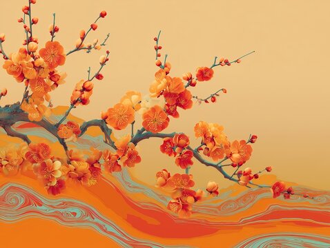 Orange plum blossom branch with abstract Japanese wave pattern