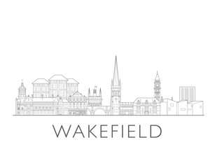 Fototapeta premium Wakefield skyline England. Urban cityscape with landmarks and monuments. Hand drawn line art digital skyline illustration.