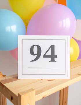 Birthday card with number 94 and text box for name or message. Pastel colors and balloons