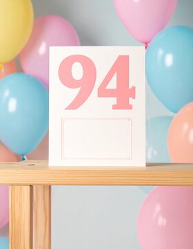 Birthday card with number 94 and text box for name or message. Pastel colors and balloons
