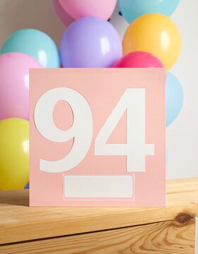 Birthday card with number 94 and text box for name or message. Pastel colors and balloons