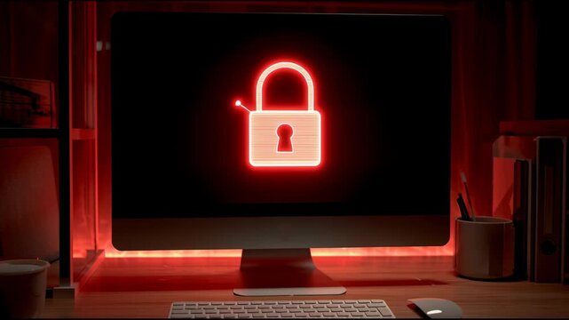 Lock Screen Shows Red Glow in Dark Office at Night With Focus on Padlock Symbol on Computer Monitor and Desk Items Nearby